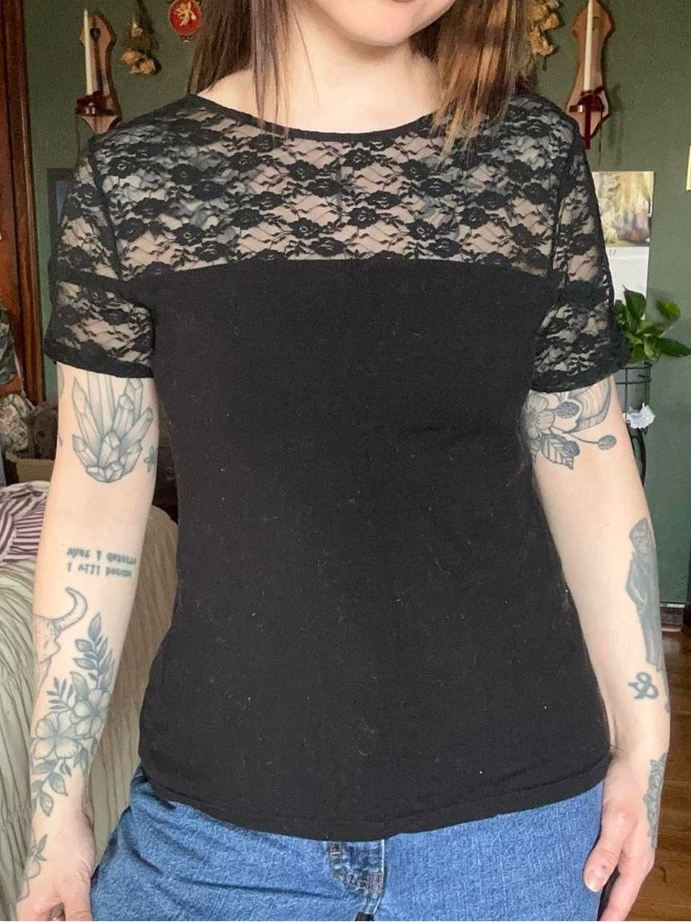 Black Lace Cutout Short Sleeve Top